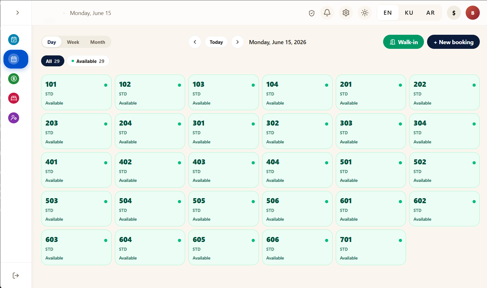 The tourism.krd admin dashboard showing the room board for a motel — rooms 101 to 701, each marked Available.